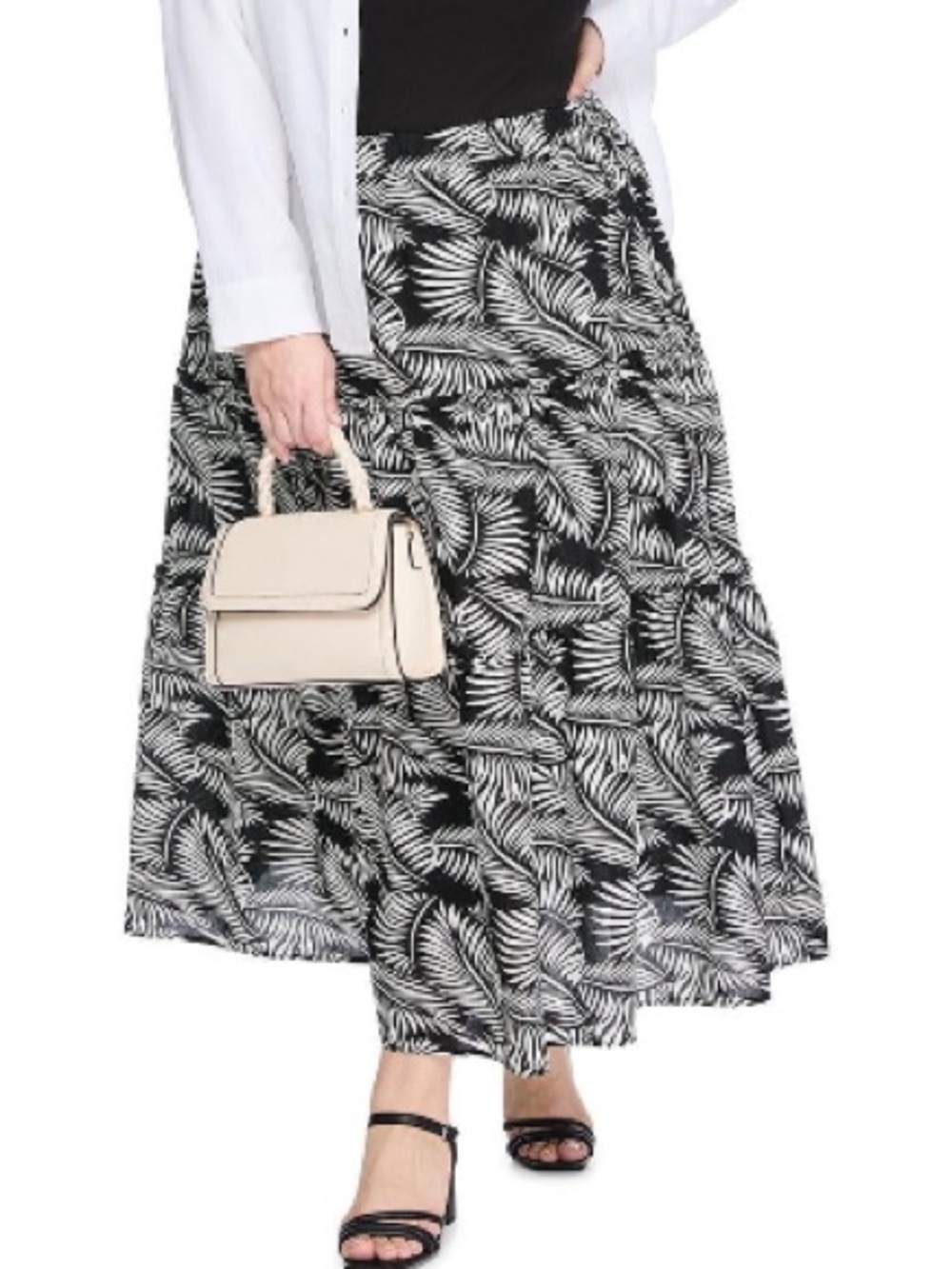 NWT Lane Bryant Black & White Leaf-Print Tiered Maxi Skirt plus size